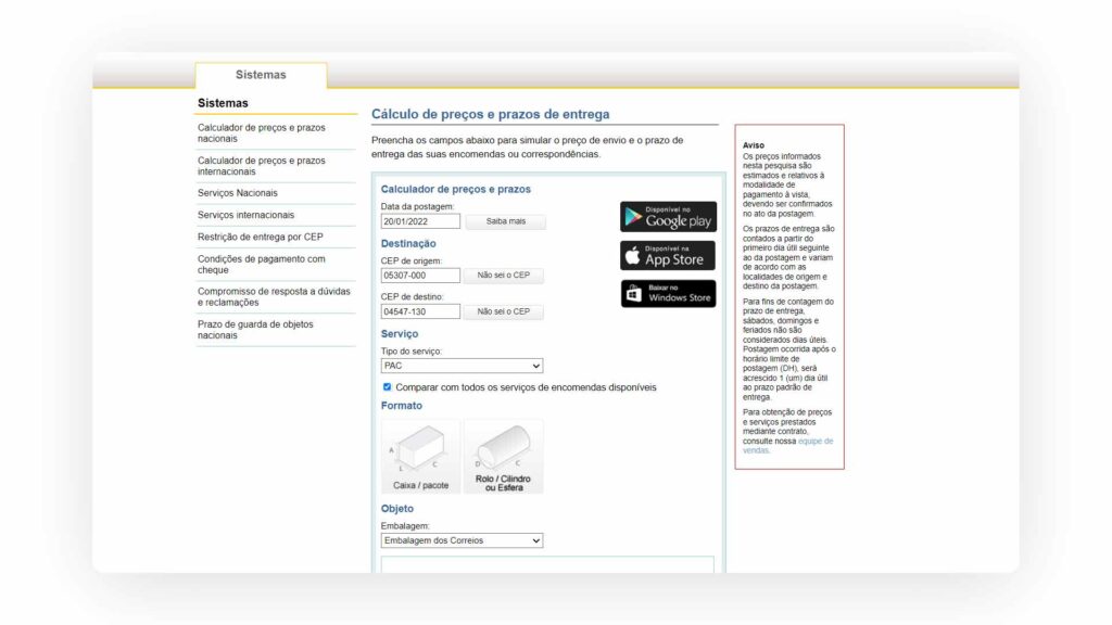 Tela dos Correios com tipos de serviços