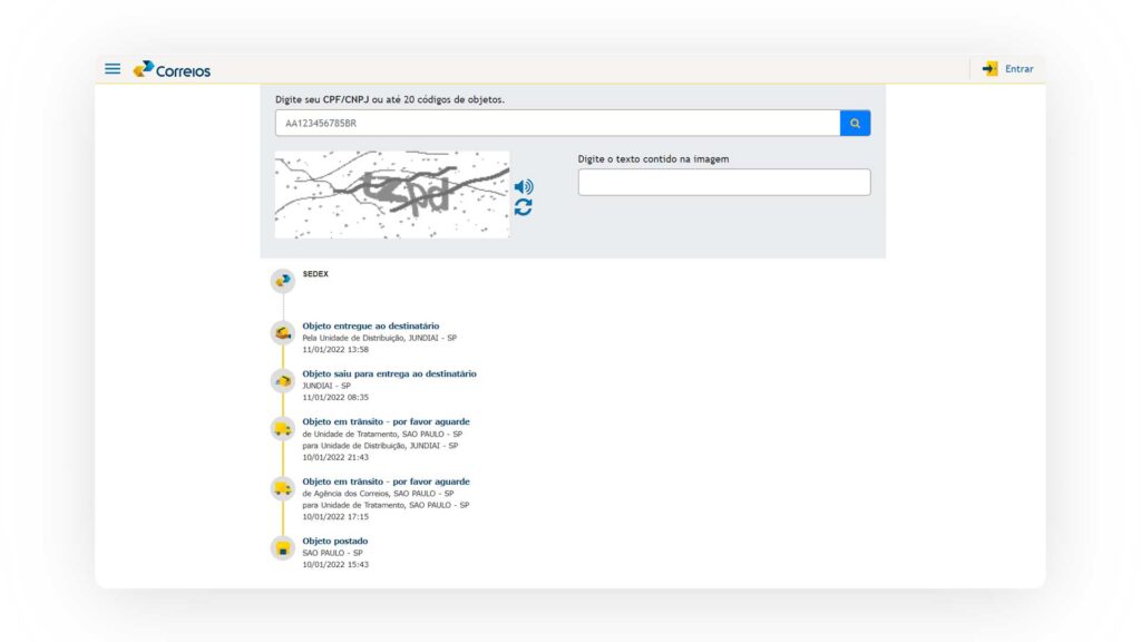 página com rastreamento de objeto dos Correios