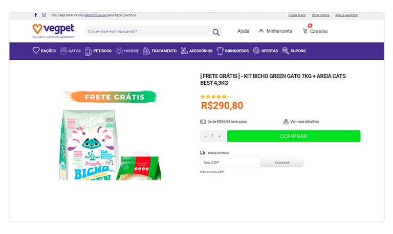 Captura de tela de descrição de produto da loja virtual VegPet, em que o título da descrição do produto é chamativo para potencial cliente